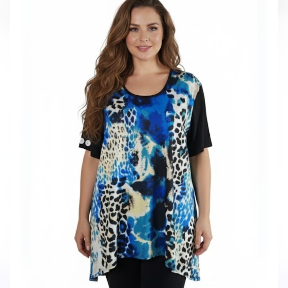 Judy Logan asymmetrical tunic with animal patterns, plus size 2X